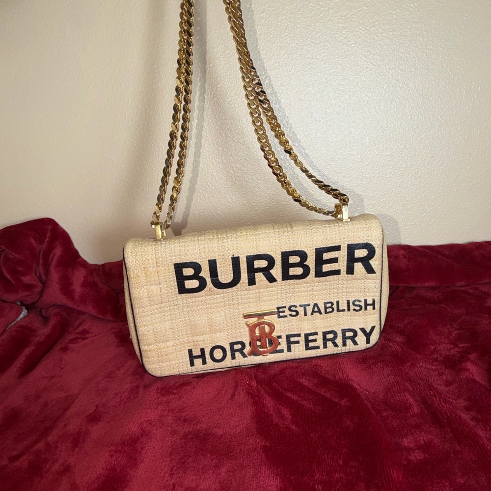 Burberry Tan Canvas Shoulder Bag with Gold Chain